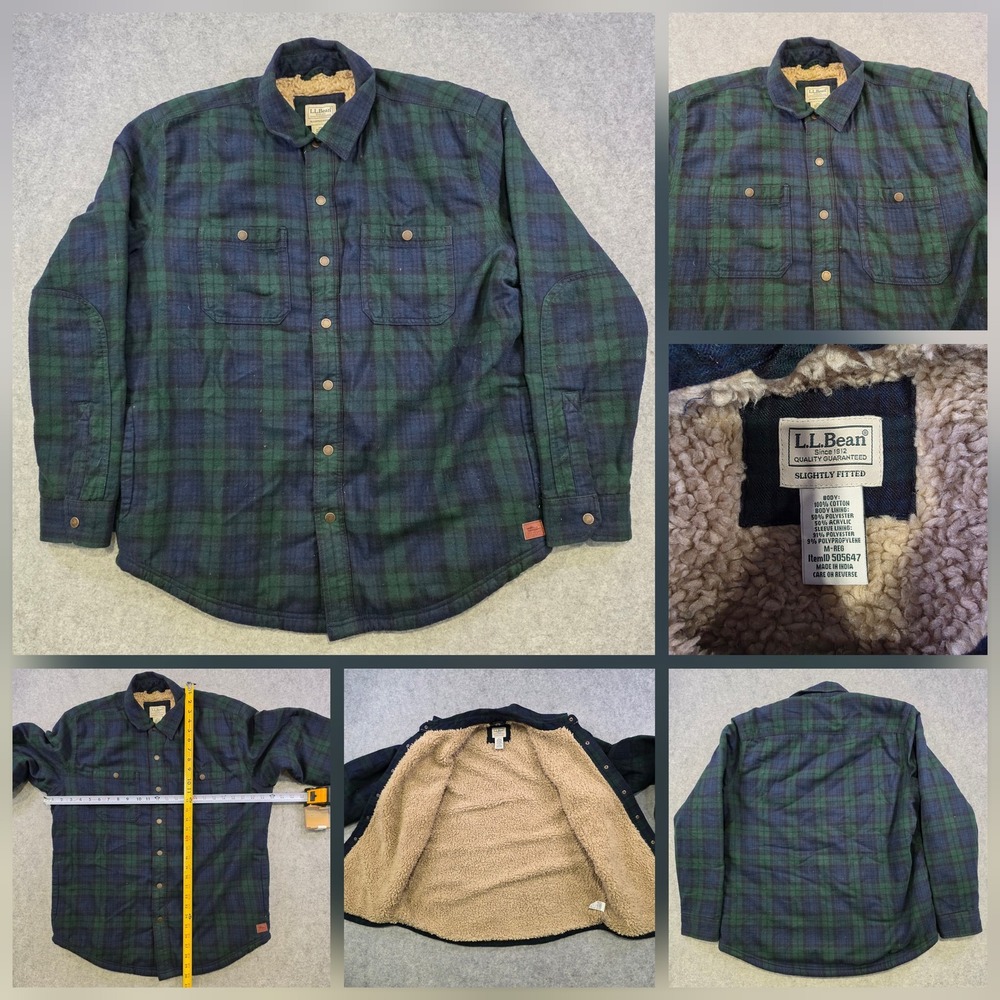 LL Bean Shirt Jacket Mens Medium Green Scotch Plaid Flannel Sherpa Lined Snap